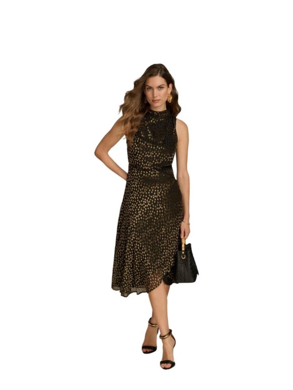 Donna Karen Sleeveless Black Dress with Gold Dot Print